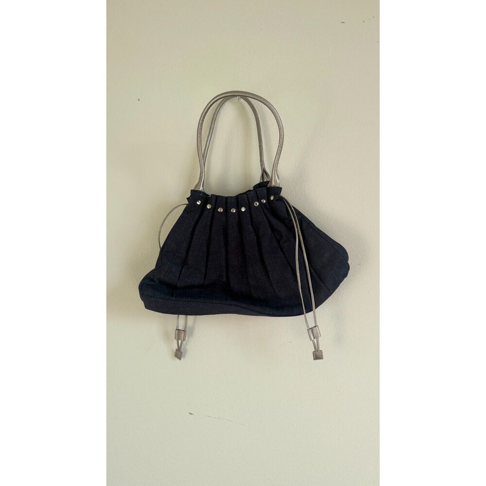Victoria’s Secret Y2K Navy Pleated Shoulder Bag Silver Studded Drawstring Purse